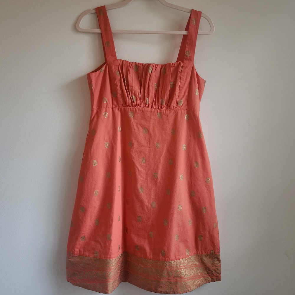 Anthropologie Maeve Orange Cotton Dress With Gold Paisley Block Print 8